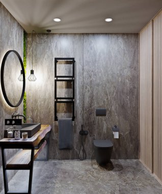 Beton ve Mermer Altında Döşemeleri olan 3B Hazırlama Modern Banyo Tasarımı