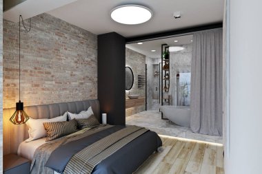 Banyosu olan modern bir çatı katı tarzında bir yatak odası.