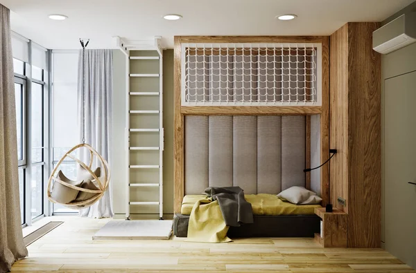 Modern Erkek Odasının Panoramik Penceresi Çift Kişilik Yatağı Var — Stok fotoğraf