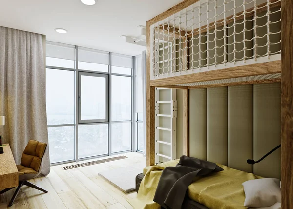 Modern Erkek Odasının Panoramik Penceresi Çift Kişilik Yatağı Var — Stok fotoğraf