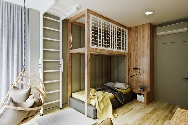 Modern erkek odasının panoramik penceresi ve çift kişilik yatağı var.