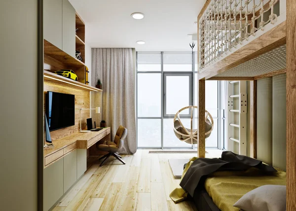 Modern Boys Bedroom Panoramic Window Double Bed — Stock Photo, Image