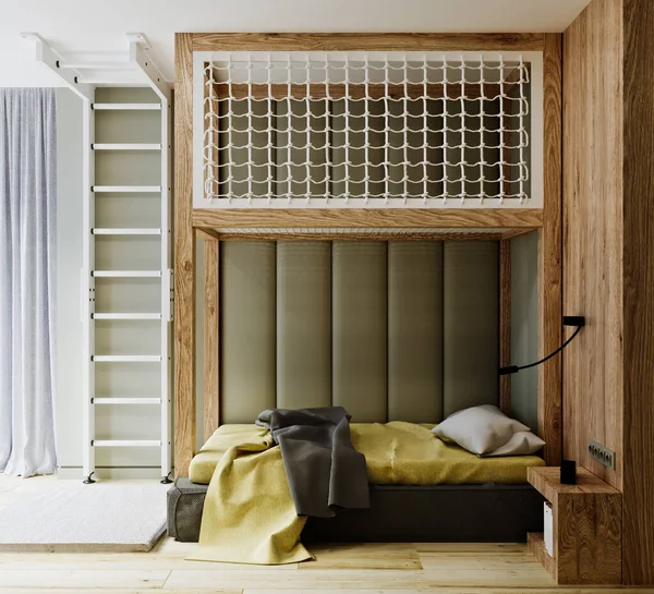 Moderne Jongens Slaapkamer Met Panoramisch Raam Een Tweepersoonsbed — Stockfoto