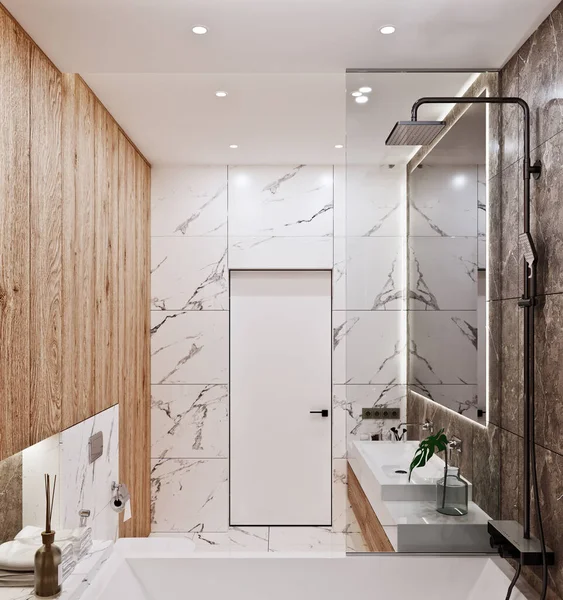 Modern Banyo Tasarımı Mermer Ahşap Fayanslarla — Stok fotoğraf