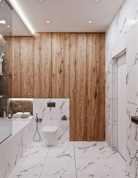 Moderno Diseño Baño Con Baldosas Mármol Madera — Foto de Stock