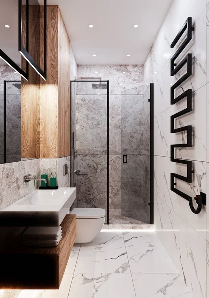 Rendering Moderne Badkamer Ontwerp Met Tegels Onder Beton Marmer — Stockfoto
