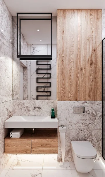 Diseño Baño Moderno Renderizado Con Azulejos Bajo Hormigón Mármol — Foto de Stock