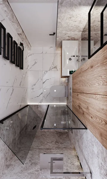 Візуалізація Сучасного Дизайну Ванної Кімнати Плиткою Під Бетон Мармур — стокове фото