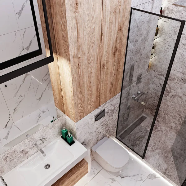 Rendering Design Banheiro Moderno Com Azulejos Concreto Mármore — Fotografia de Stock
