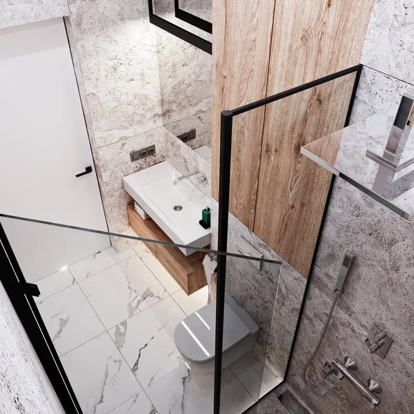 Diseño Baño Moderno Renderizado Con Azulejos Bajo Hormigón Mármol — Foto de Stock
