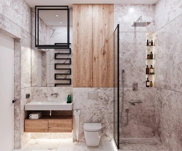 Rendering Moderne Badkamer Ontwerp Met Tegels Onder Beton Marmer — Stockfoto