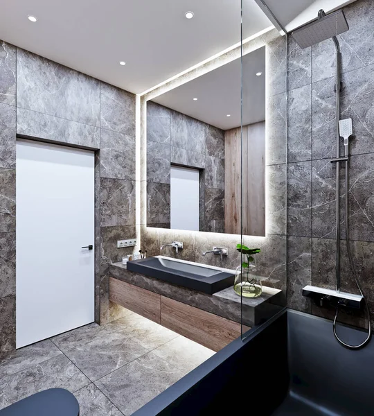 Moderno Diseño Baño Con Baldosas Mármol Madera — Foto de Stock