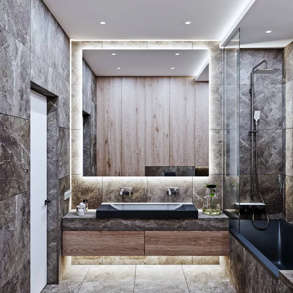 Moderno Diseño Baño Con Baldosas Mármol Madera — Foto de Stock