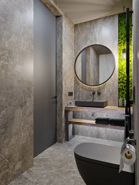 コンクリートと大理石の下のタイルと3Dレンダリング近代的なバスルームのデザイン — ストック写真