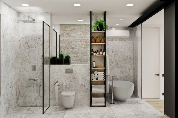 Interior Dormitorio Estilo Loft Moderno Con Baño — Foto de Stock