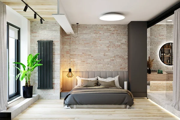 Banyosu Olan Modern Bir Çatı Katı Tarzında Bir Yatak Odası — Stok fotoğraf