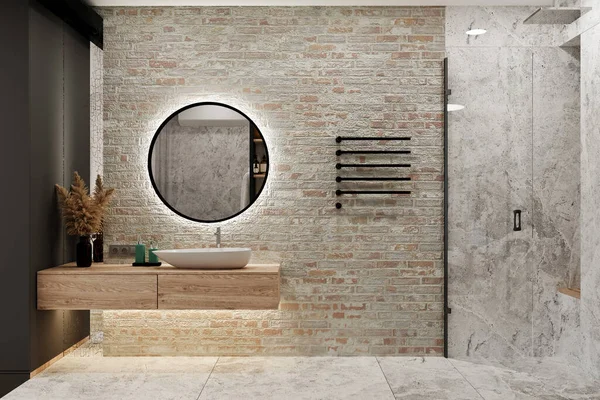 Interior Dormitorio Estilo Loft Moderno Con Baño —  Fotos de Stock