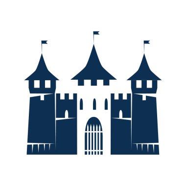 Kuleleri, pencereleri ve kapıları olan eski bir ortaçağ kalesinin simgesi. Beyaz arkaplanda vektör simgesi izole edildi. Antik mimarinin silueti.