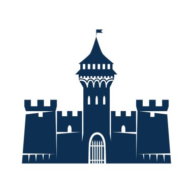 Kuleleri, pencereleri ve kapıları olan eski bir ortaçağ kalesinin simgesi. Beyaz arkaplanda vektör simgesi izole edildi. Antik mimarinin silueti.