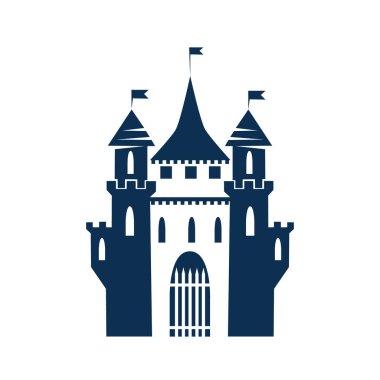 Kuleleri, pencereleri ve kapıları olan eski bir ortaçağ kalesinin simgesi. Beyaz arkaplanda vektör simgesi izole edildi. Antik mimarinin silueti.