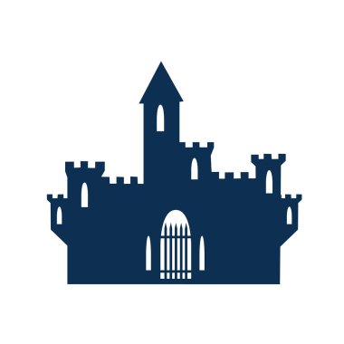 Kuleleri, pencereleri ve kapıları olan eski bir ortaçağ kalesinin simgesi. Beyaz arkaplanda vektör simgesi izole edildi. Antik mimarinin silueti.