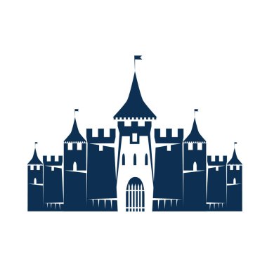 Kuleleri, pencereleri ve kapıları olan eski bir ortaçağ kalesinin simgesi. Beyaz arkaplanda vektör simgesi izole edildi. Antik mimarinin silueti.