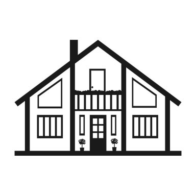 Beyaz arka planda balkonu olan iki katlı özel bir evin vektör simgesi. Siyah çizgilerden yapılmış düz biçimdeki mimari simgesi.