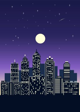 Büyük bir şehrin vektör çizimi. Düz bir gece manzarası.