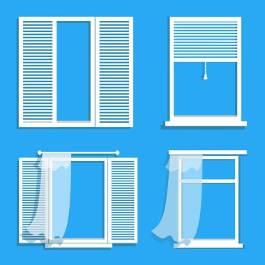 Panjurlu, panjurlu ve tüllü beyaz pencereler. Mimarlık öğeleri. Pencere çerçevesi.