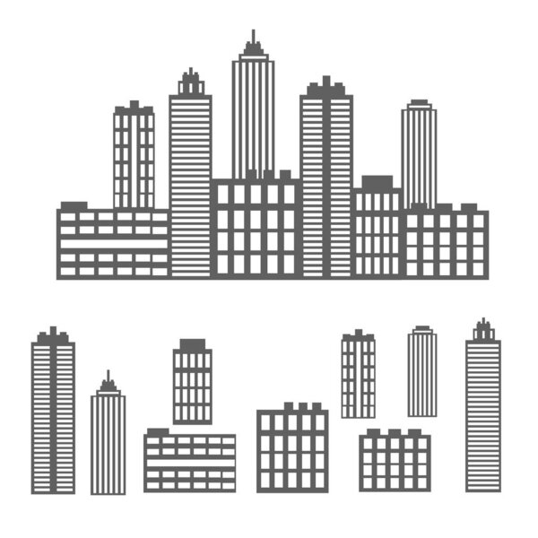 Vector set of icons from the silhouette of a big city and individual houses and skyscrapers black on a white background for creating a design of maps and Internet pages