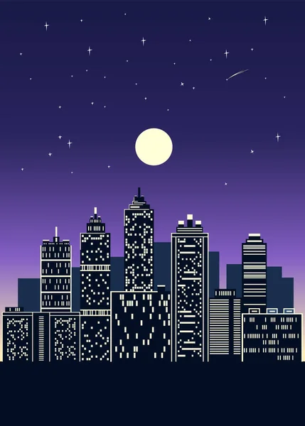 Ilustração Vetorial Uma Grande Cidade Noturna Cidade Noturna Estilo Plano — Vetor de Stock