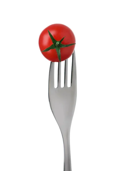 Tomato on a fork on white — Stock Photo, Image