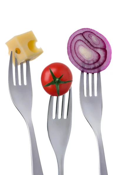 Tomato cheese and onion on forks against white background — Stock Photo, Image