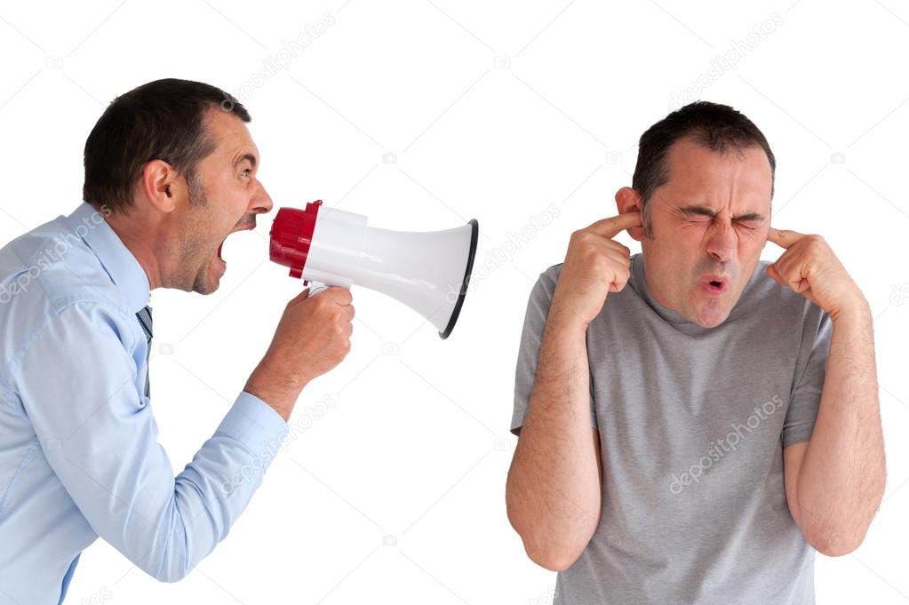 Boss yelling at a subordinate megaphone