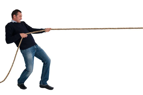 Man tug of war pulling rope isolated — Stock Photo, Image