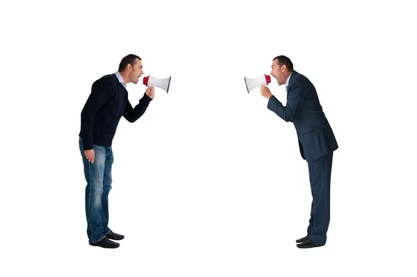 Men shouting through megaphones isolated — Stock Photo, Image