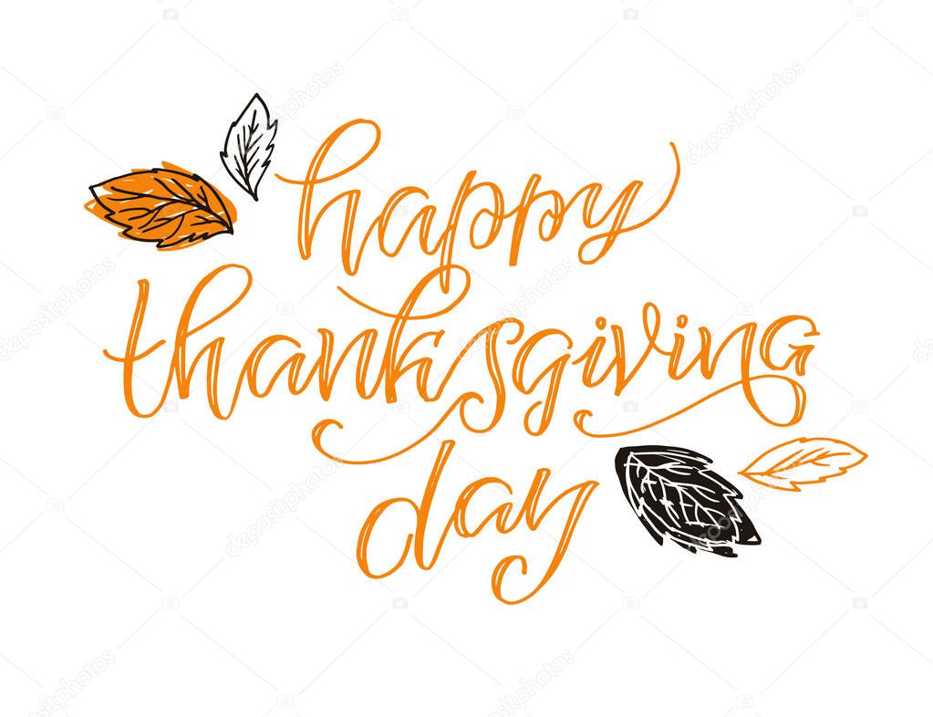 Give thanks! Hand drawn Thanksgiving lettering typography poster. Celebration text Happy Thanksgiving day on textured background for postcard, icon, logo or badge. Vector vintage style calligraphy EPS10