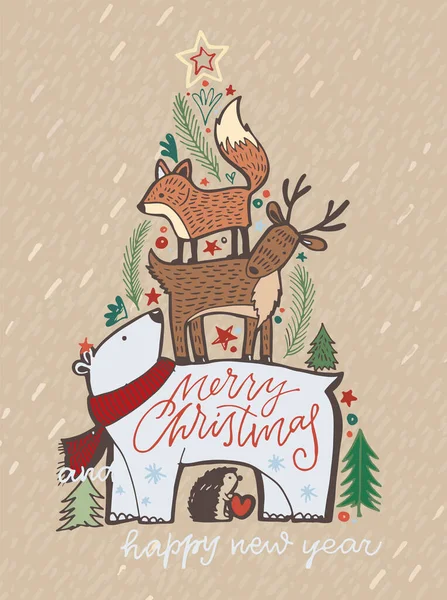 Veselé Vánoce Šťastný Nový Rok Roztomilá Pohlednice Prázdninový Plakát Zimní — Stockový vektor