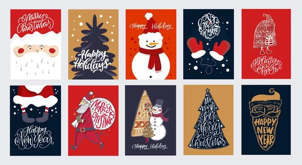 Mega Set Postales Vacaciones Invierno Feliz Navidad Feliz Año Nuevo — Vector de stock