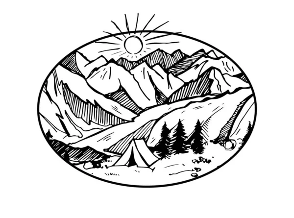 Acampamento Montanhas Ilustração Para Cartaz Banner Design Shirt —  Vetores de Stock