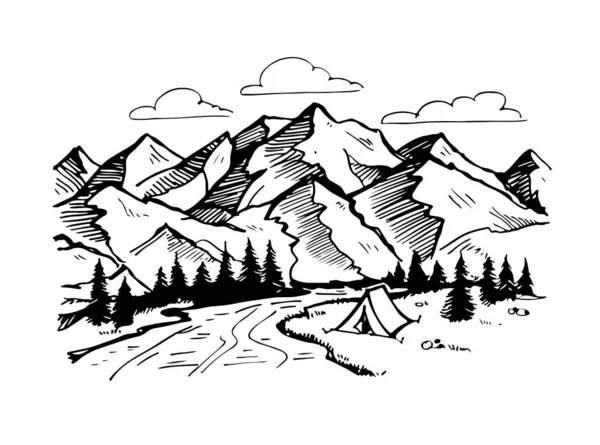 Acampamento Montanhas Ilustração Para Cartaz Banner Design Shirt —  Vetores de Stock