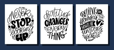 Hayatla ilgili güzel kartpostallar. El çizimi karalama, poster, afiş, tişört tasarımı.