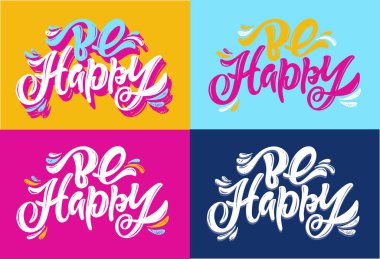 Be Happy - cute hand drawn doodle lettering postcard. Be happy label - mega set.