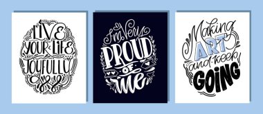 Motivasyon elle çizilmiş kartpostallar hayat hakkında. Etiket sanatı.