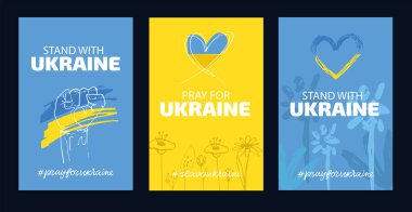 I Support Ukraine, Ukrainian flag with a Pray for Ukraine concept icon set. Save from Russia stickers for media. Vector illustration clipart