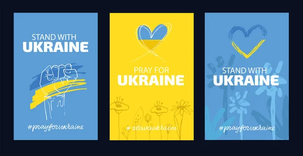 Soutiens Ukraine Drapeau Ukrainien Avec Ensemble Icônes Conceptuelles Priez Pour — Image vectorielle