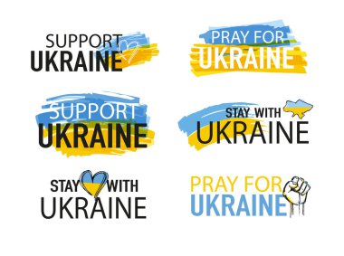 Ukrayna, Ukrayna bayrağı ve Ukrayna konsept ikonu seti için dua ediyorum. Rusya 'nın çıkartmalarını medyaya sakla. Vektör illüstrasyonu