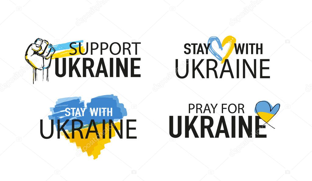 I Support Ukraine, Ukrainian flag with a Pray for Ukraine concept icon set. Save from Russia stickers for media. Vector illustration