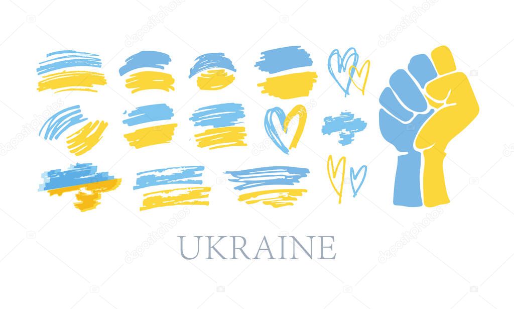 Ukraine in my heart. Glory of Ukraine! I Support Ukraine, Ukrainian flag with a Pray for Ukraine concept icon set. Save from Russia stickers for media. Vector illustration