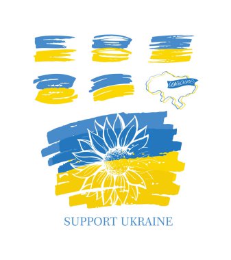 Ukrayna 'yı destekleyin! Ukrayna 'nın zaferi! Ukrayna bayrağı ve Ukrayna konsept simgesi seti